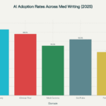 AI adoption rates vary across medical writing domains, with regulatory writing leading at 73% adoption in 2025, followed by manuscript preparation at 70%.
